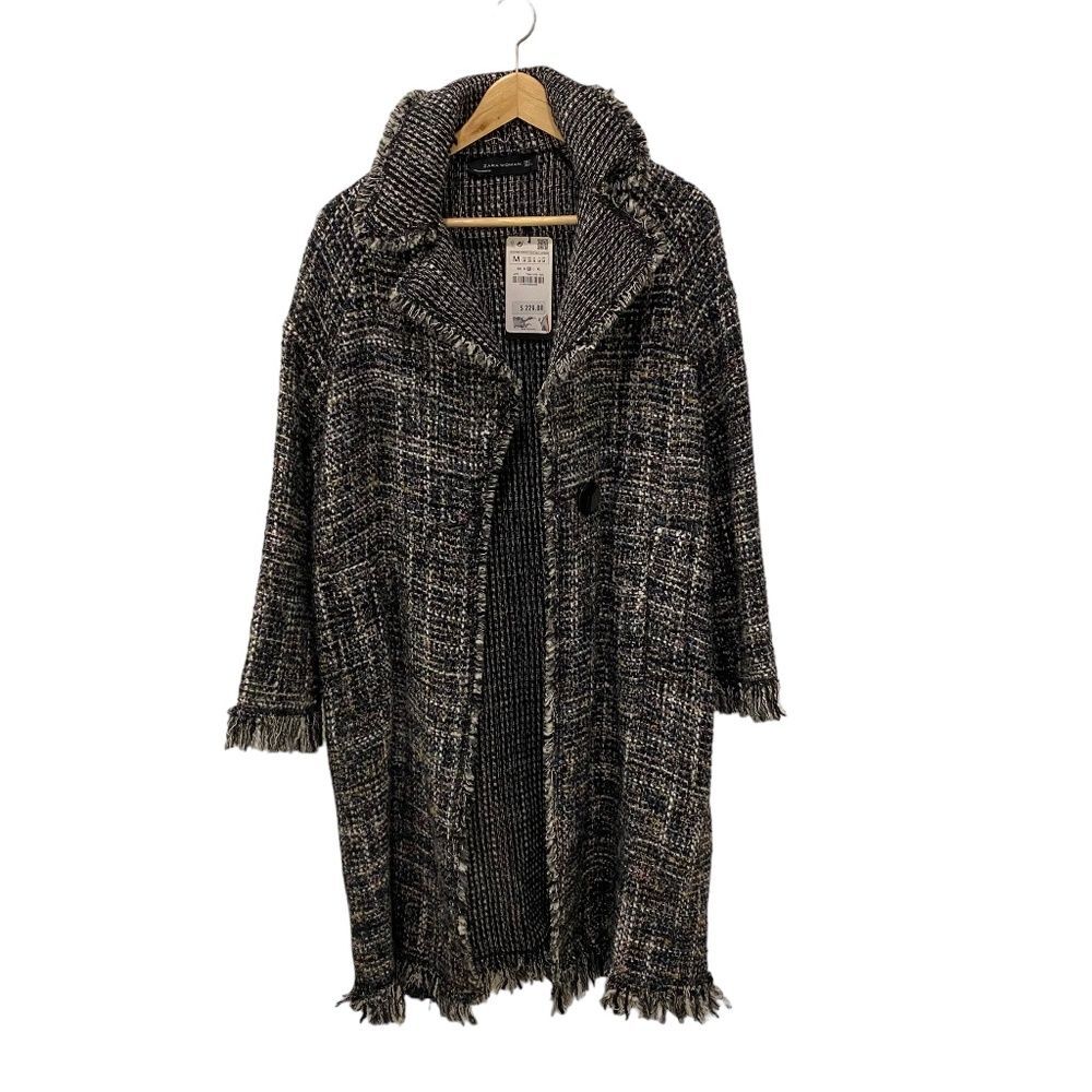 ZARA NWT Multicolor Tweed Frayed Edge Midi Duster Coat Long Jacket Size Medium